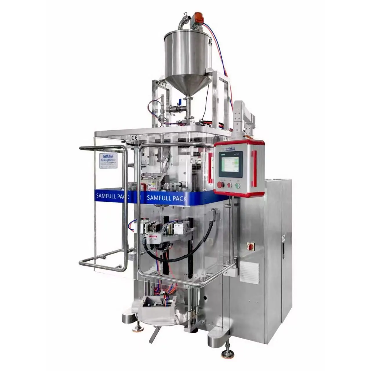 Вид справа на однополосную машину для упаковки жидкости для виноградного сока