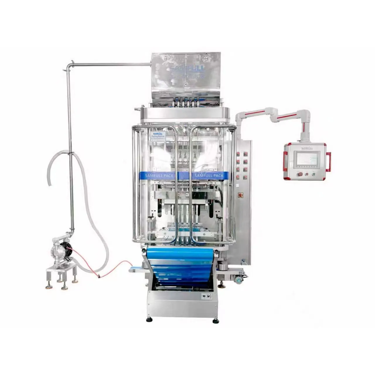 Вид спереди на 6-полосную упаковочную машину для жидких продуктов ice pop с различными вкусами льда