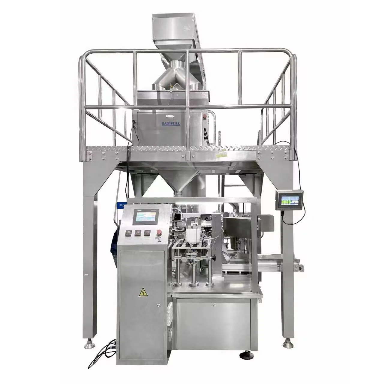 процесс наполнения и запечатывания стоячего пакета doypack